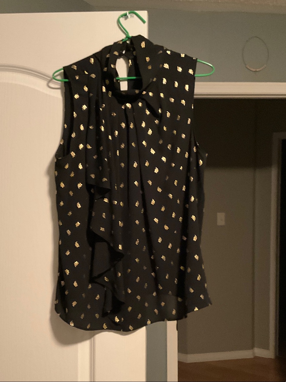 Ann Taylor Black Sleeveless Ruffle Neck Top with Gold Dot Print